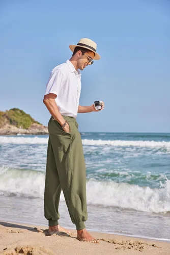 Vista 3 de COOFANDY Pantalones de harén hippie para hombre, holgados, de lino, bohemio, para yoga, casual, con entrepierna caída, pantalones