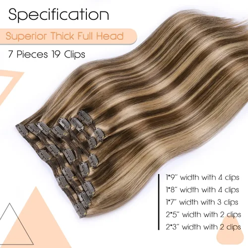 Vista 56 de VINBAO Extensiones de cabello humano con clip, balayage, color marrón ceniza a rubio caramelo, 14 pulgadas, 6 unidades, 3.53 onzas, 6