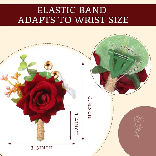 Vista 2 de Sherr Juego de 24 boutonniere burdeos para hombre, diseño de rosa para boda, bolsillo con alfileres, para novio, padrinos de boda, ramillete, traje