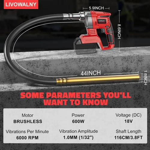 Vista 2 de LIVOWALNY Herramienta vibradora de hormigón de mano compatible con batería Milwaukee de 18 V (sin batería), vibrador eléctrico inalámbrico