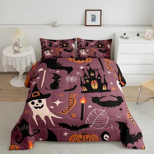 Vista 15 de Erosebridal Ropa de cama de Halloween para niños y niñas, juego de edredón espeluznante de dibujos animados, tamaño individual, relleno de edredón