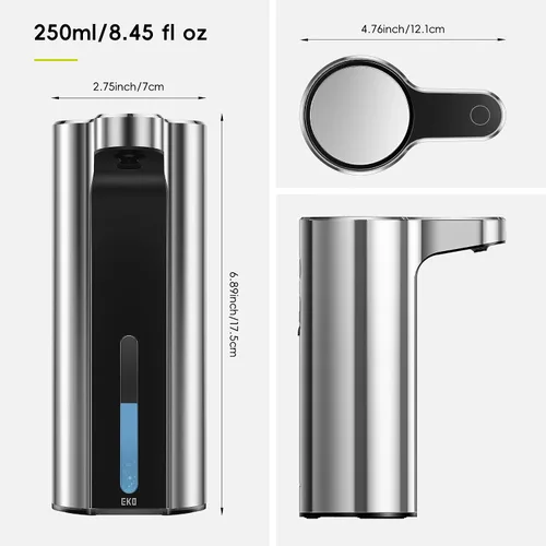 Vista 9 de EKO Aroma - Dispensador automático de jabón líquido de 9 onzas líquidas, recargable y resistente al agua para cocina y baño, con control de volumen