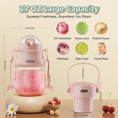 Vista 4 de Licuadora Portátil, Licuadoras Personales Prasky para Batidos y Smoothies con Taza de 27 onzas, Tapa y Correa para el Hombro, Recargable por USB