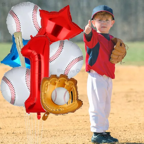 Vista 5 de Novato del año 1er cumpleaños decoraciones de béisbol papel de aluminio rojo número 1 globos conjunto de un primer cumpleaños suministros