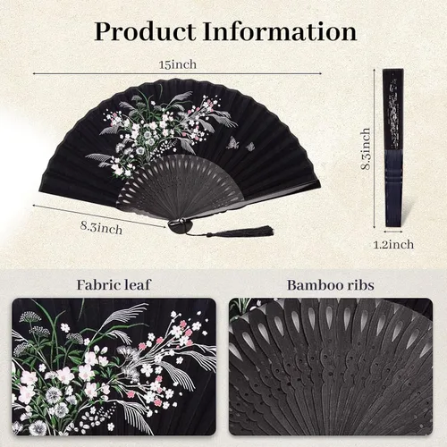 Vista 7 de JOHOUSE Abanico de mano plegable de tela negra con borla y funda – Elegante abanico plegable de mano para mujeres, abanicos de boda para invitados