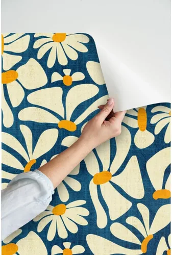 Vista 3 de Spoonflower Despegar y pegar papel tapiz Swatch - Retro Daisy Flower Power Blue Floral Vintage Groovy 70S 60S Papel pintado extraíble personalizado
