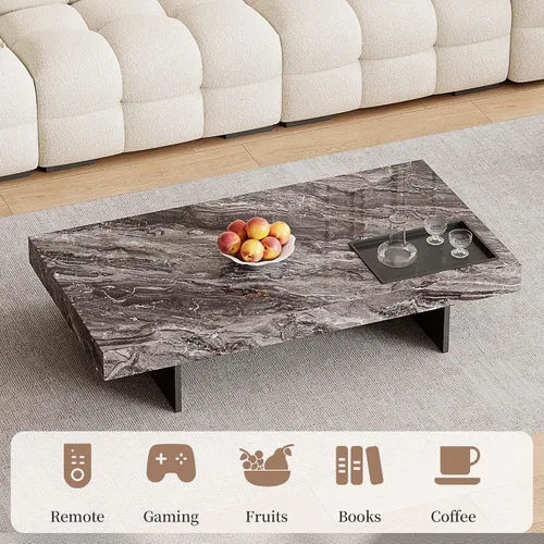 Vista 3 de Mesa auxiliar rectangular de mármol de 51.18 pulgadas, parte superior de piedra sinterizada gris moderna con base de metal negro, mesa central