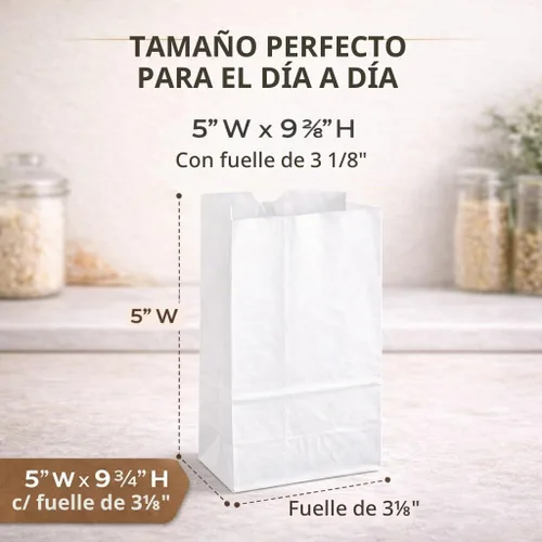 Vista 2 de Perfect Stix Bolsas de Papel Kraft Blanco de 4lb - 5" de Ancho x 9 3/4" de Alto con Fuelle de 3 1/8". Paquete de 100ct (Bolsa Kraft Blanca 4-100)