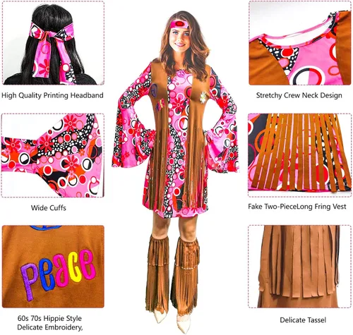Vista 6 de ATAMET Disfraz hippie de los años 60 y 70 para mujer ropa hippy vestido de discoteca para adultos disfraz de fiesta de los años 70