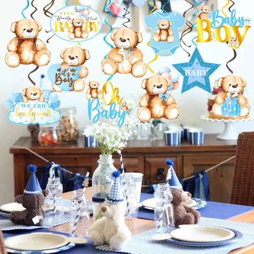Vista 8 de 20 piezas de oso de peluche colgantes con diseño de remolinos We Can Bearly Wait Baby Shower Decoraciones It's a Boy Ceiling Swirl Bear Baby Shower