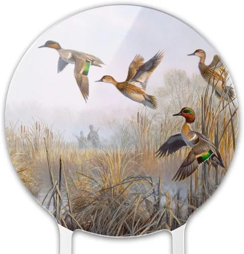 Vista 3 de Patos acrílicos de alas verdes que toman cazadores de vuelo, decoración de fiesta para boda, aniversario, cumpleaños, graduación