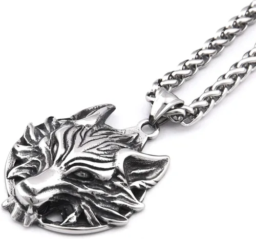 Vista 2 de BAVIPOWER Collar con dije de cabeza vikingo Fenrir de acero inoxidable, potente joyería pagana para hombres y mujeres, protección de amuleto