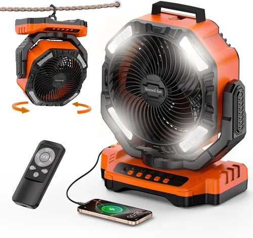 Vista 10 de Socool Ventilador de campamento con luz, ventilador de batería recargable de 20000 mAh, tiempo máximo de funcionamiento de 112 horas, 9 velocidades