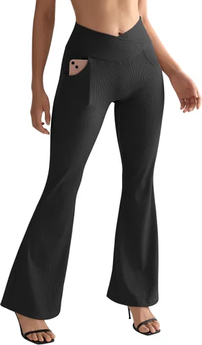 Vista 4 de SUUKSESS Leggings acampanados acanalados cruzados para mujer, pantalones de yoga con espalda en V y bolsillos