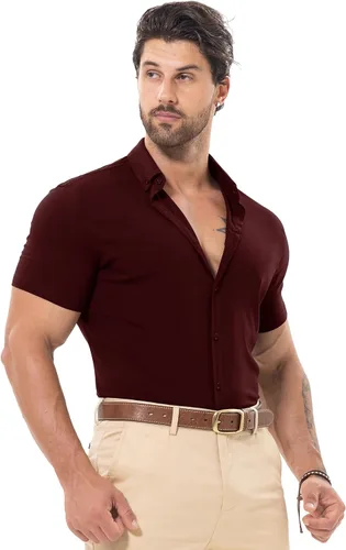 Vista 5 de Askdeer Camisas de ajuste muscular para hombre, sin arrugas, manga corta, casual, elástica, ajustada, con botones