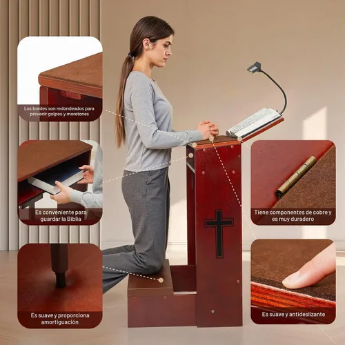 Vista 5 de Taburete de banco de oración con lámpara LED, silla de mesa acolchada y estante plegable de madera para iglesia