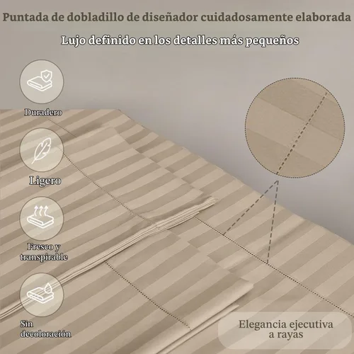 Vista 4 de Threadmill Juego de ropa de cama de algodón de lujo de 500 hilos tamaño Queen de 4 piezas, sábanas suaves y sedosas de color beige claro con Rayas