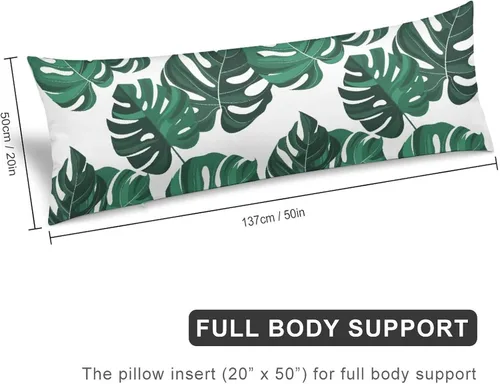 Vista 2 de Funda de almohada corporal de hojas de Monstera tropicales de 20 x 54 pulgadas, funda de almohada personalizada con hojas de palma de selva