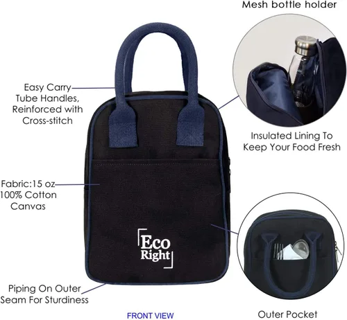 Vista 4 de Eco Right - Bolsa de almuerzo aislada para mujer, lonchera de trabajo para hombres, adultos 2-Negro liso