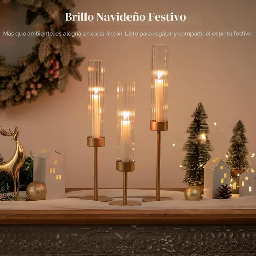 Vista 8 de Candelabros cónicos dorados de huracán: 3 portavelas de latón Glasseam con tapa cilíndrica de vidrio acanalada, candelabros altos estriados