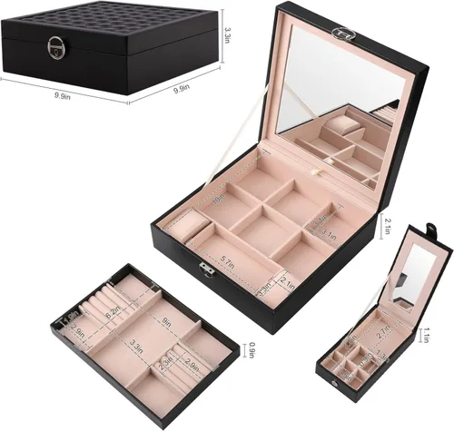 Vista 2 de JinHuoHuo Joyero organizador para mujeres y niñas, estuche grande de almacenamiento de joyas de 2 capas, caja de joyería de piel sintética, bandeja
