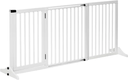 Vista 10 de PawHut Puerta ajustable de madera para mascotas, valla independiente para perro, para puerta, pasillo, 3 paneles con barrera de seguridad, puerta