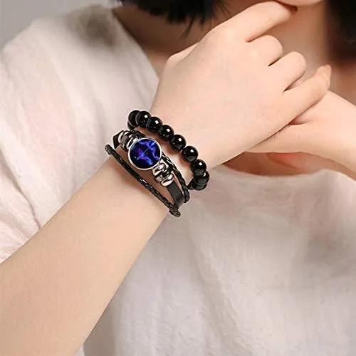 Vista 5 de Pulsera de cuero trenzado a mano con 12 cuentas de constelación para hombre, estilo retro, 2