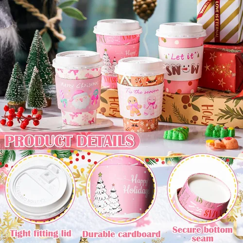 Vista 2 de Yungyan Paquete de 100 Tazas de Café Desechables de Navidad de 12 oz con Tapas y Mangas Tazas de Café de Papel Aisladas con Tapas Abovedadas
