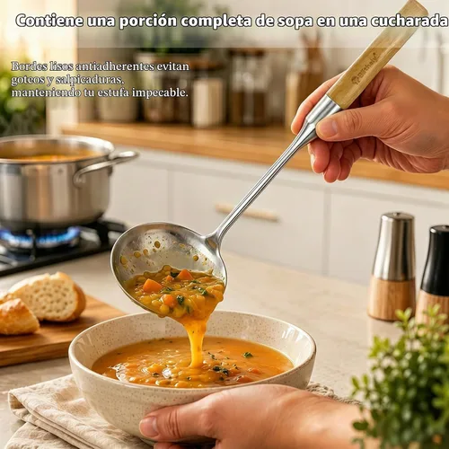 Vista 5 de Juego de utensilios de cocina de acero inoxidable con mango de madera, 7 piezas de utensilios de cocina largos de acero inoxidable, juego