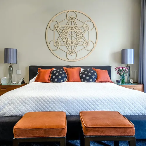 Vista 8 de Cubo de Metatron MFG de cuarto nivel de 33 pulgadas, arte de pared de madera de geometría sagrada, símbolo de armonía, decoración zen para el hogar