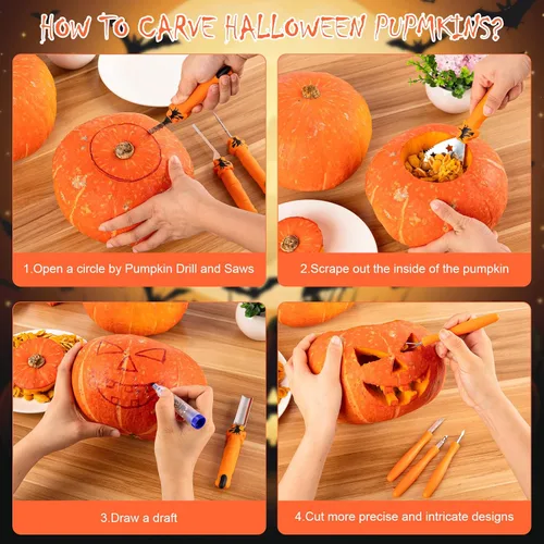 Vista 4 de Kit de tallado de calabaza para Halloween, juego profesional de tallado resistente, herramienta de escultura de acero inoxidable cuchillo