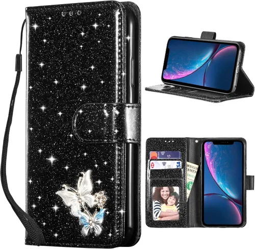 Vista 19 de UEEBAI Funda tipo cartera para iPhone 11, funda de piel sintética con purpurina para teléfono, ranuras para tarjetas, funda con función atril Negro
