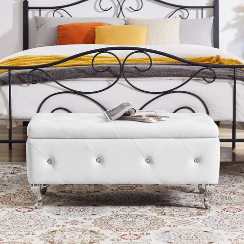 Vista 3 de anwickjeff Banco de almacenamiento copetudo con botones de terciopelo para dormitorio, beige, 40 pulgadas