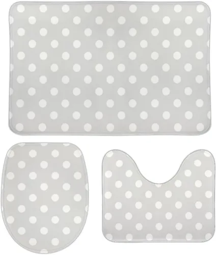 Vista 79 de Juego de 3 alfombras de baño con diseño de lunares, color azul aguamarina, antideslizante, con contorno en forma de U y tapa de inodoro