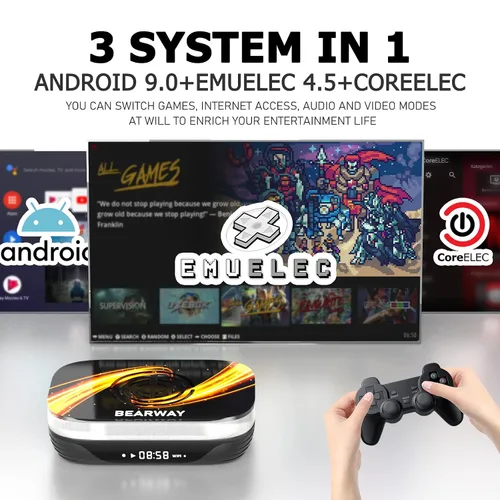 Vista 3 de Bearway Retro Game Consoles Super Console X3 Plus 114,000+ Games Video Game Console Plug Play Video Games for TV EmuELEC 4.5Android 9.0CoreE 3