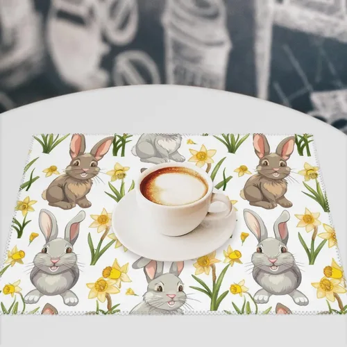 Vista 7 de Beautiful Flowers Bunny Placemats Set of 6 Resistant Table Mats Washable Place Mats for Dinner Party Table Decoration