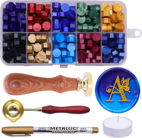 Vista 20 de SWANGSA Kit de sellos de cera del alfabeto, diseño de mariposa vintage, 26 letras A-Z con 2 asas de madera, kit de regalo para invitación de boda