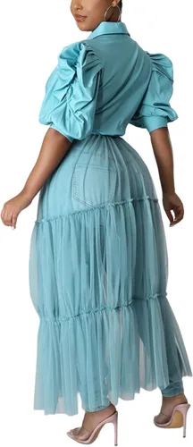 Vista 2 de Yanfoam Blusa de manga corta para mujer, vestido largo de malla transparente