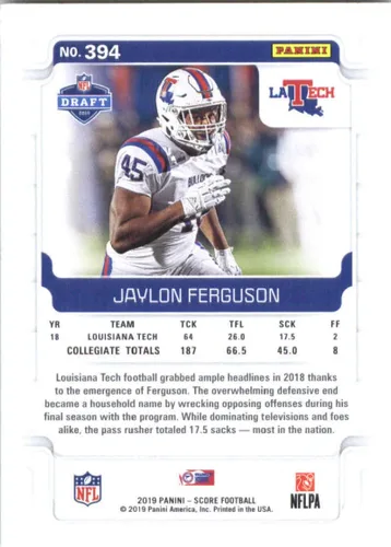 Vista 2 de 2019 Score #394 Jaylon Ferguson Louisiana Tech Bulldogs Rookie Official NFL Football Trading Card in Raw (NM or Better) Condition