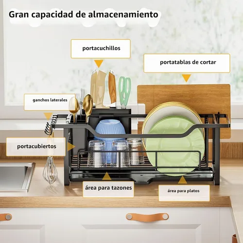 Vista 4 de AIDERLY Escurridor estrecho de platos para encimera de cocina, drenaje automático, escurridor de platos de hierro con cesta extraíble para Negro