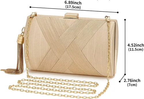 Vista 2 de Bolso de mano de satén, bolso de noche con borlas, bolso de mujer, fiesta, boda, cadena geométrica, bolso cruzado para mujer
