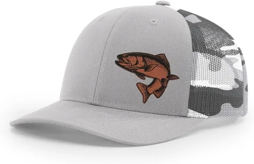 Vista 29 de Sombrero de pesca de trucha con parche de cuero grabado láser Richardson 112 Snapback Trucker Cap