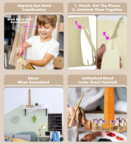 Vista 3 de Puzzled Washington Monument - Kit de rompecabezas de madera 3D para niños