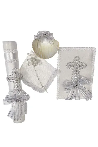 Vista 6 de SWEA Pea & Lilli - Juego de velas de bautismo con cruz y perlas blancas para bautizos con concha y recuerdos
