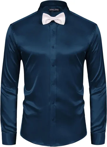 Vista 8 de PJ PAUL JONES Camisa de vestir de satén brillante para hombre, camisa de seda con botones de manga larga y pajarita