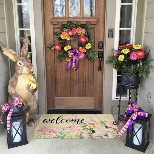 Vista 4 de Tapete antideslizante para puerta de Pascua, diseño de conejito de primavera, diseño floral para interiores y exteriores, para entrada, porche
