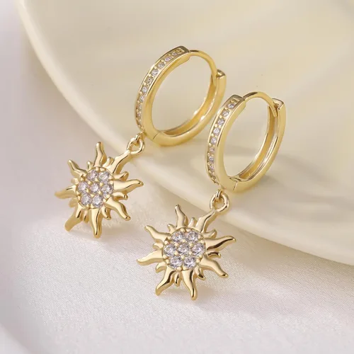 Vista 4 de Pendientes de sol dorados para mujer, aretes colgantes para niña, aretes de circonita cúbica, Plata Cobre Circonita cúbica, No es una piedra preciosa