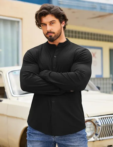 Vista 2 de COOFANDY Camisa de vestir elástica de manga larga con botones de punto acanalado para hombre