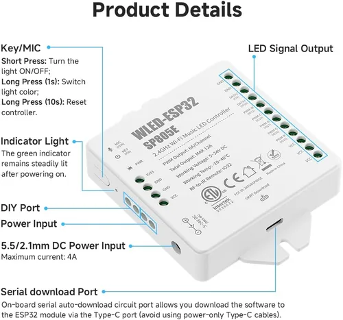 Vista 7 de BTF-LIGHTING SP805E WLED LED Controller ESP32 with Mic, WiFi APP Control For WS2812B WS2811 SK6812 WS2814 LED Strip/Matrix & PWM Dim CCT RGB RGBW