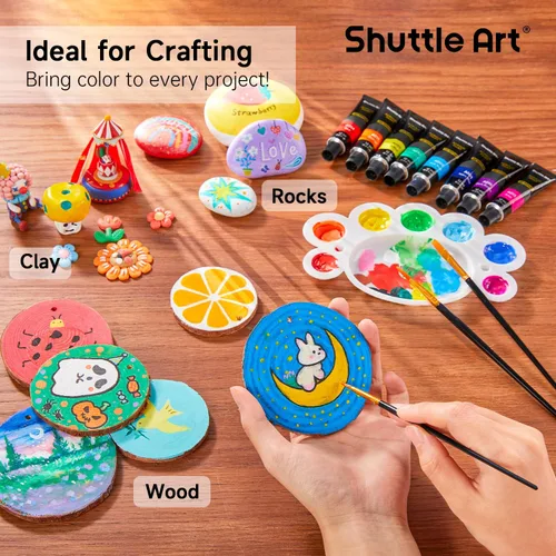 Vista 8 de Juego de pintura acrílica Shuttle Art, 16 tubos de 12 ml, calidad de artista, pigmentos ricos no tóxicos, colores ideales para niños, adultos